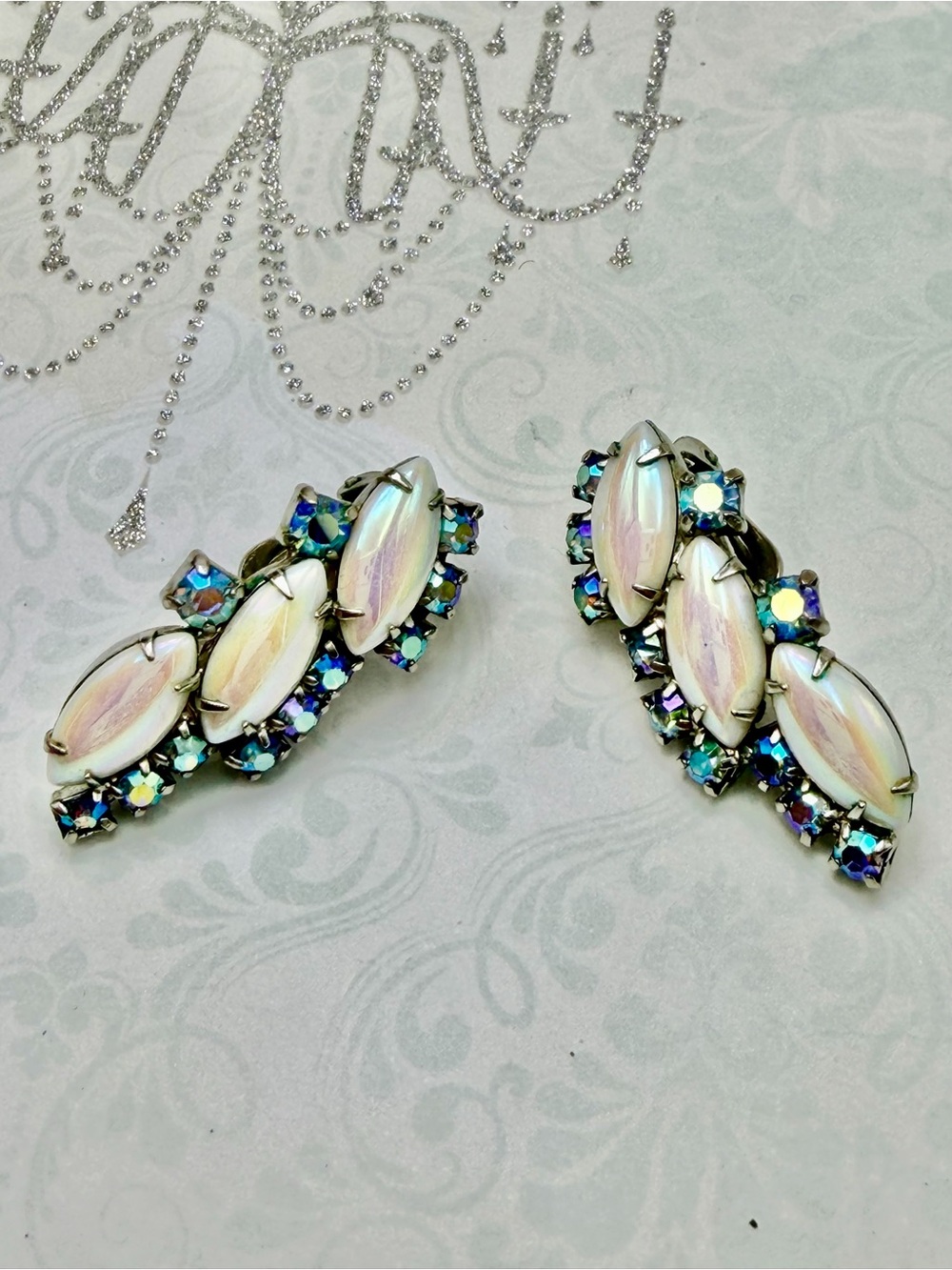 Vintage Navette and Blue Clip-On Earrings